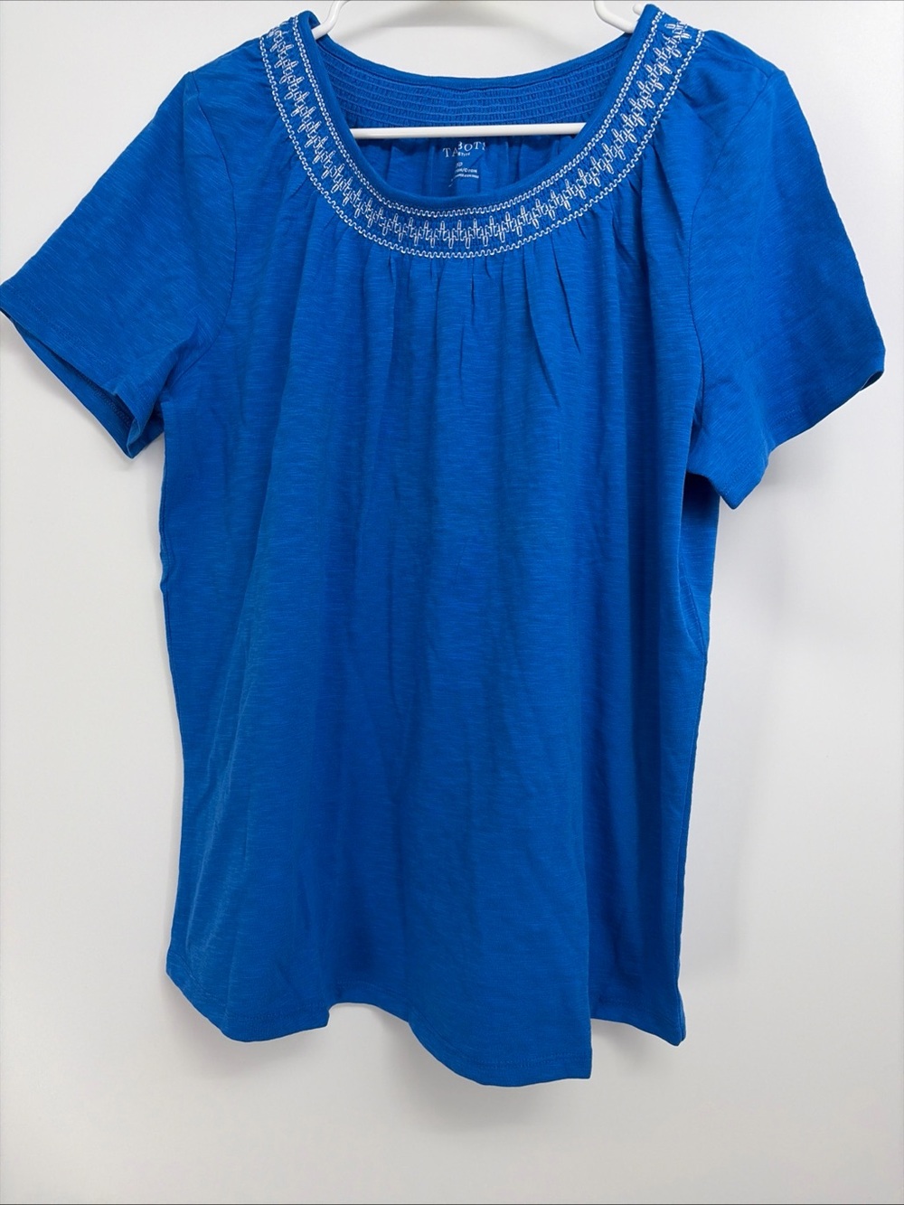 Talbots Blue Cotton Plus Size 2X Petite Short Sleeve Embroidered Neckline Top